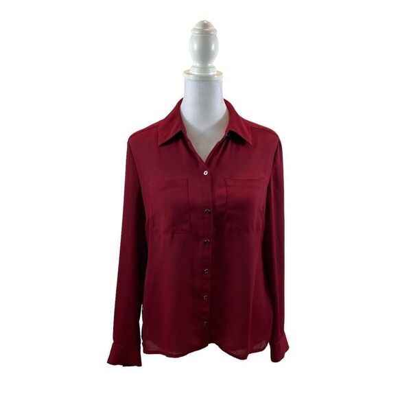 Alfani Sheer Burgundy Button Down Top Printed Back Panel Size 4P - Picture 2 of 10